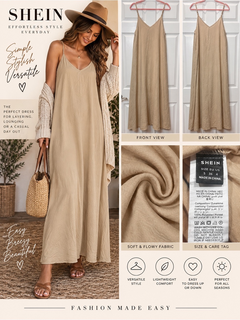 SHEIN Beige Maxi Slip Dress Small V Neck Spaghetti Strap Minimalist Coastal